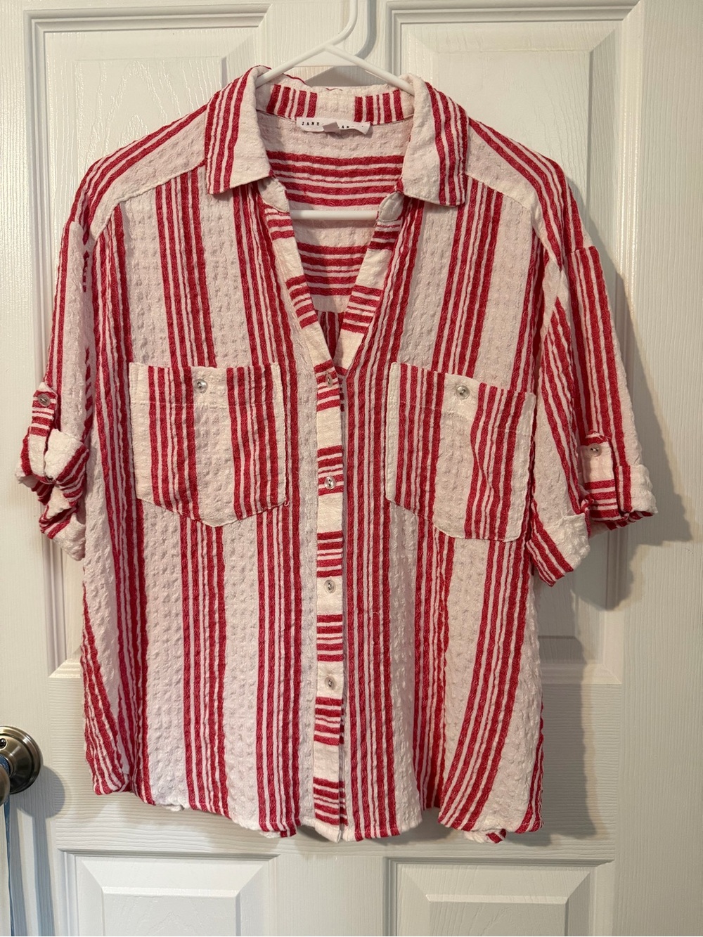 Jane & Delancey Casual Red & White Striped womens Button-Up top